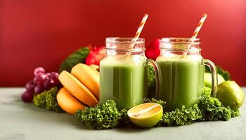 Creative food concept. Glass jar mugs with green health smoothie, kale leaves, lime, apple, kiwi, grapes, banana, avocado, lettuce. Copy space. Raw, vegan, vegetarian, alkaline food concept. Banner photo