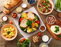 creative food concept. table with food, top view photo