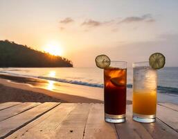 drinks with blur beach and sunset in background. concept of leisure, holiday, relaxation photo