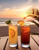 drinks with blur beach and sunset in background. concept of leisure, holiday, relaxation photo