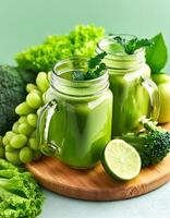 Creative food concept. Glass jar mugs with green health smoothie, kale leaves, lime, apple, kiwi, grapes, banana, avocado, lettuce. Copy space. Raw, vegan, vegetarian, alkaline food concept. Banner photo