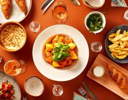 creative food concept. table with food, top view photo