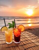 drinks with blur beach and sunset in background. concept of leisure, holiday, relaxation photo