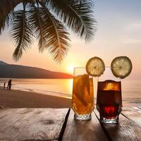 drinks with blur beach and sunset in background. concept of leisure, holiday, relaxation photo