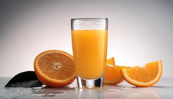 Glass of Orange juice with orange sacs and slices fruits isolate on white background photo