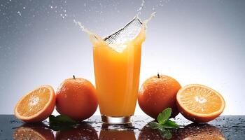 Glass of Orange juice with orange sacs and slices fruits isolate on white background photo