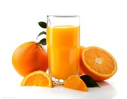 Glass of Orange juice with orange sacs and slices fruits isolate on white background photo