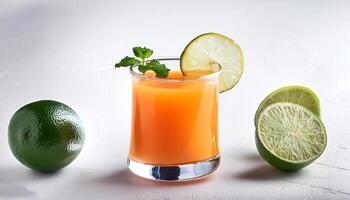 tropical drink concept. Orange cocktail with lime garnish. photo
