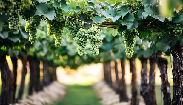 Close up of grapes hanging on branch. Hanging grapes. Grape farming. Grapes farm. photo