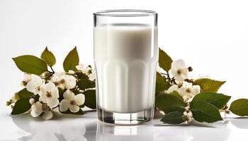 Glass of milk on white background photo