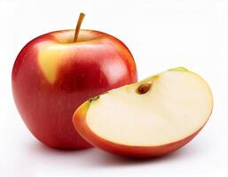 Photo of juicy ripe whole and sliced Red Honey crisp apple isolated on a white background.