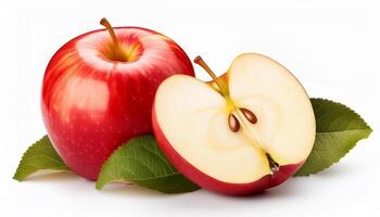 Photo of juicy ripe whole and sliced Red Honey crisp apple isolated on a white background.