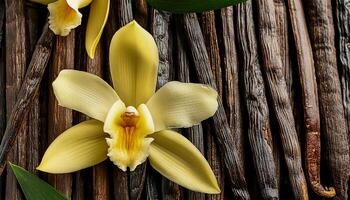 photo of Vanilla flower and pods with leaves from above. pattern texture background.