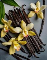 photo of Vanilla flower and pods with leaves from above. pattern texture background.