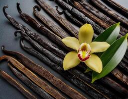 photo of Vanilla flower and pods with leaves from above. pattern texture background.