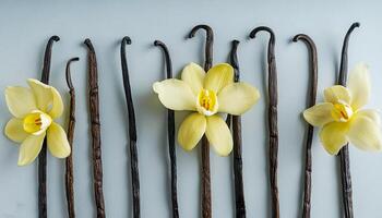 photo of Vanilla flower and pods with leaves from above. pattern texture background.