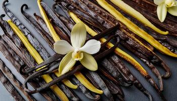 photo of Vanilla flower and pods with leaves from above. pattern texture background.