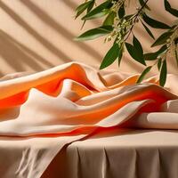 Beige linen fabric texture with folds and a natural floral sunlight shadows, realistic texture. photo