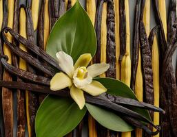 photo of Vanilla flower and pods with leaves from above. pattern texture background.