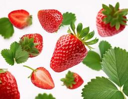 Flying juicy ripe strawberries with leaves isolated on a white background photo