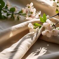 Beige linen fabric texture with folds and a natural floral sunlight shadows, realistic texture. photo