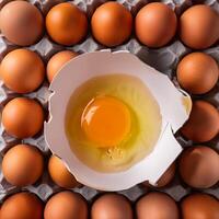 photo pallet with eggs and raw broken egg with yolk. Pattern texture background