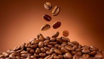 Photo of Roasted coffee beans falling on heap against brown background.