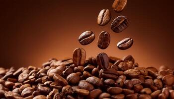 Photo of Roasted coffee beans falling on heap against brown background.
