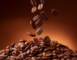 Photo of Roasted coffee beans falling on heap against brown background.