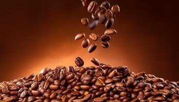 Photo of Roasted coffee beans falling on heap against brown background.