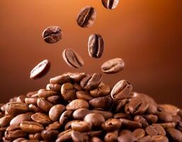 Photo of Roasted coffee beans falling on heap against brown background.