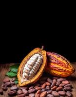 Photo of Cocoa Beans and Cocoa Fruits on wooden, Cocoa concept.