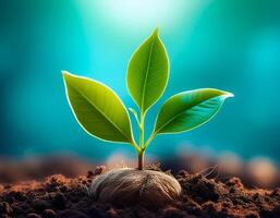 Young plant springing up out of the soil photo
