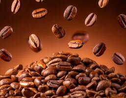 Photo of Roasted coffee beans falling on heap against brown background.