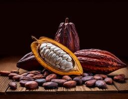 Photo of Cocoa Beans and Cocoa Fruits on wooden, Cocoa concept.