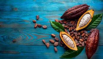 Photo of Cocoa Beans and Cocoa Fruits on wooden, Cocoa concept.