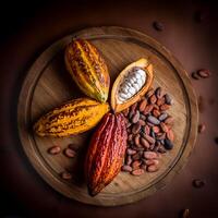 Photo of Cocoa Beans and Cocoa Fruits on wooden, Cocoa concept.