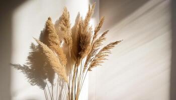 Branch of dry reeds on background of white wall at home with sun light and trendy shadow. Beautiful pattern with neutral colors. Minimal, stylish, monochrome concept. copy space photo