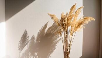 Branch of dry reeds on background of white wall at home with sun light and trendy shadow. Beautiful pattern with neutral colors. Minimal, stylish, monochrome concept. copy space photo