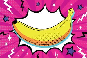 Comic background with banana in pop art style. Dynamic art decorated with stars and clouds. Bright banana fruit. illustration vector