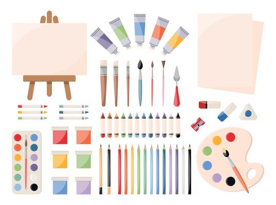 Painting tools, art supplies set. Paints, canvas, paint tubes, brushes, palette knife, watercolor palette, crayons, pencils, eraser. illustration