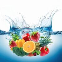 fresh multi fruits and vegetables splashing into blue clear water splash healthy food diet freshness concept isolated white background photo