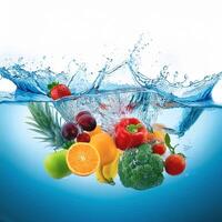 fresh multi fruits and vegetables splashing into blue clear water splash healthy food diet freshness concept isolated white background photo