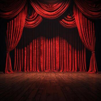 etapa con rojo cortinas y de madera piso foto