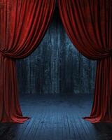 Dark Room With Red Curtain and Wooden Floor photo