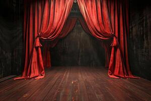 Red Curtain and Wooden Floor on Stage photo