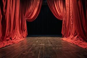 Wooden-Floored Stage With Red Curtains photo