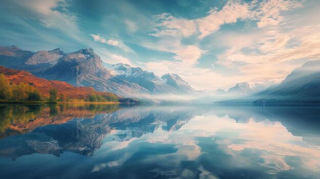 Majestic Lake With Mountains and Clouds photo