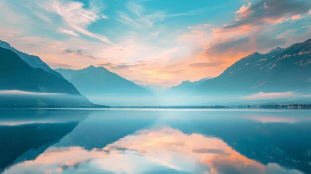 Enchanting Lake Amidst Mountains and Clouds photo