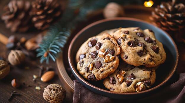 chocolate chip galletas en cuenco en mesa foto
